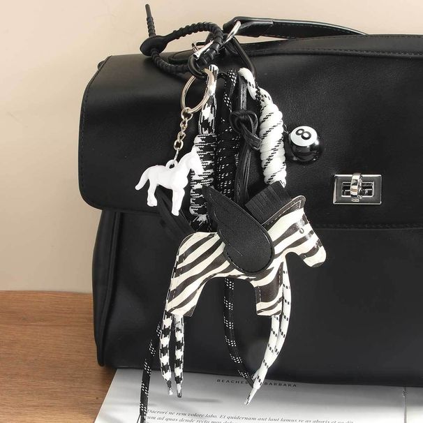 Whimsical Zebra-Print Pony Keychain – Stylish PU Leather Charm With Black Braided Rope (Maximalist Bag Accessory)_voghion.com