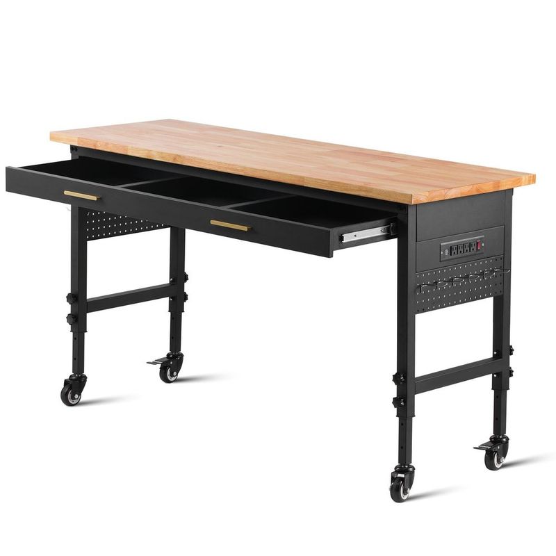 60' Workbench On Wheels Adjustable Height Table With Power Outlet &amp; Drawer_voghion.com