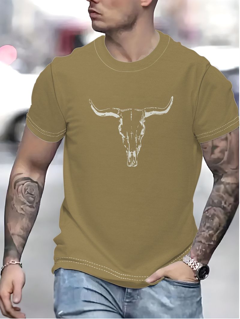 Men's Clothing European And American Men's Tops New 3D Bull Head Print Round Neck Short Sleeves_voghion.com