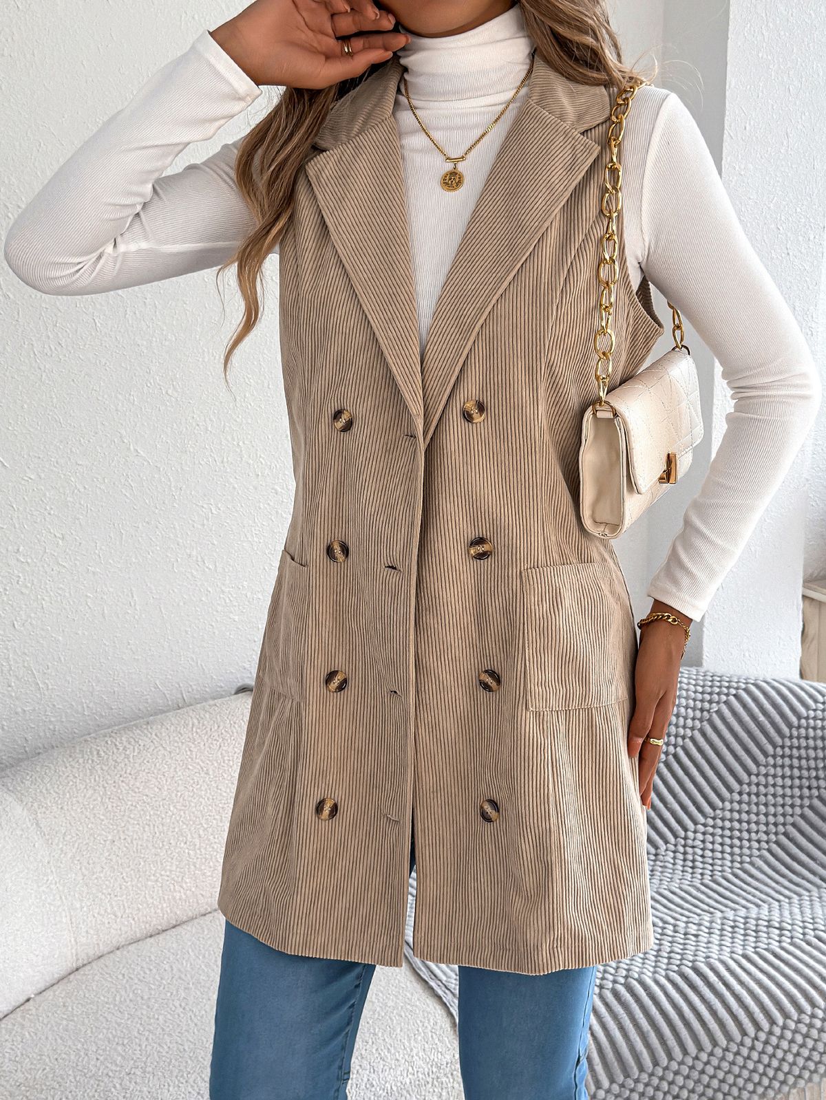 2025 Autumn Winter Solid Color Double-Breasted Pocket Corduroy Long Vest Coat Women's Fashion_voghion.com