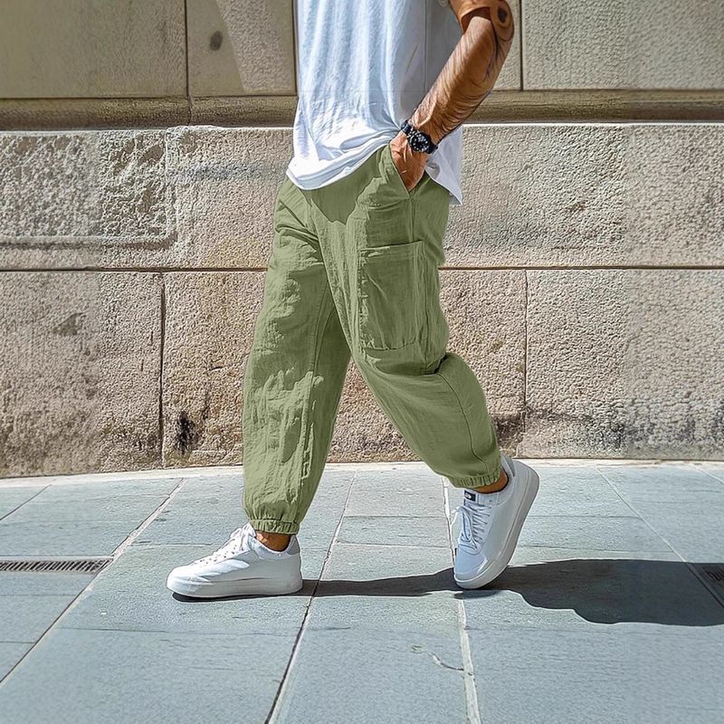Herren Leinenhose Sommer Lockere Hose Stretchhose Einfarbig Bequem Atmungsaktiv Volle Länge Lässig Alltagsmode_voghion.com
