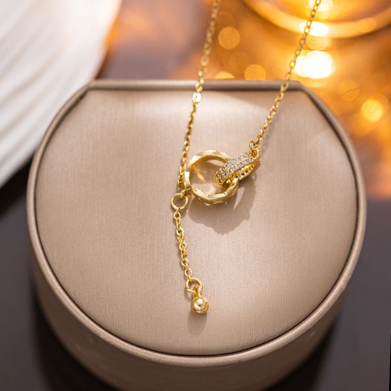 New Live Hot Selling Tassel Double Ring Pendant Titanium Steel Necklace Female No Fading Niche Simple Design Clavicle Chain_voghion.com