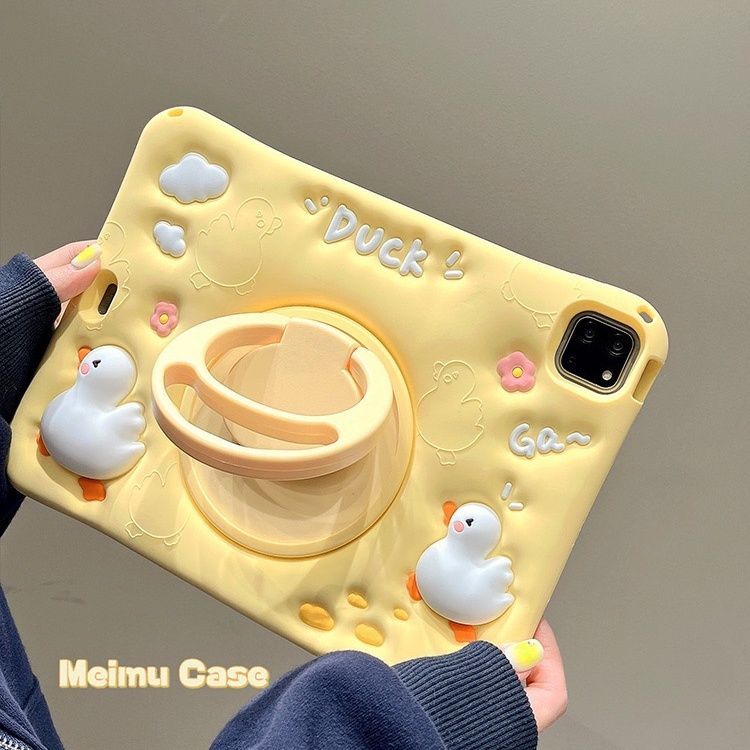 Cute Cream Yellow Duck Compatible IPad Case Air4/5 3D 2022 Silicone Mini6 With Pull Ring Stand_voghion.com