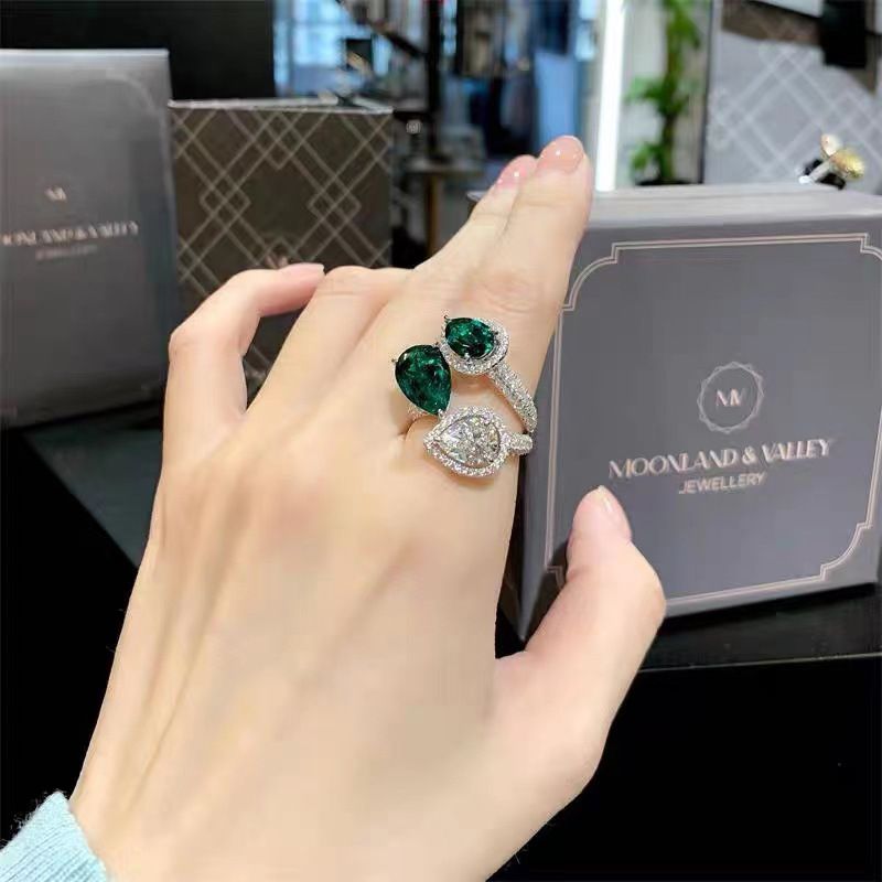 Funkelnder Ins Smaragd-Pfauengrün-Zirkonring mit verstellbarer weiblicher Öffnung, leichtem Luxus und coolem Stil_voghion.com
