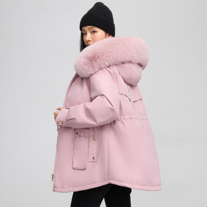 Kurzer Parka-Wintermantel für Damen mit Kunstpelzkapuze, verdickter, mit Fleece gefütterter, warmer Jacke, übergroße, locker sitzende Freizeitoberbekleidung (mehrere Farben und Größen)_voghion.com