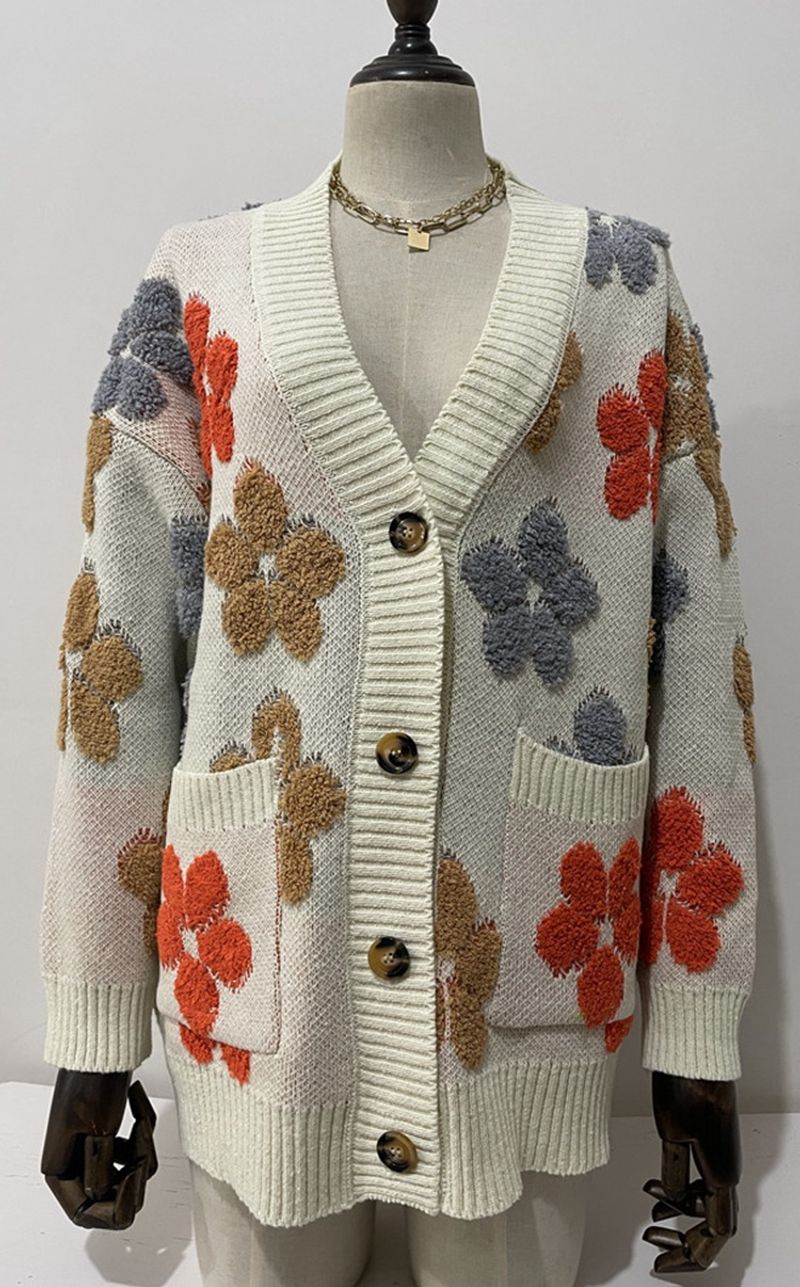 Cappotto maglione cardigan lavorato a maglia a maniche lunghe monopetto con fiori jacquard larghi da donna_voghion.com