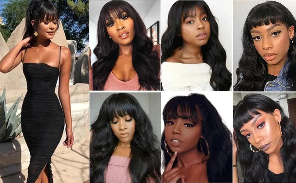 Body Wave Human Hair Wig With Bang For Women 180 Density Remy Indian Hair Full Machine Made Body Wave Wig With Bangs_voghion.com