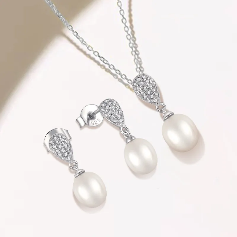 S925 sterling silver jewelry set earrings earrings inlaid zircon pearl necklace pendant silver jewelry_voghion.com