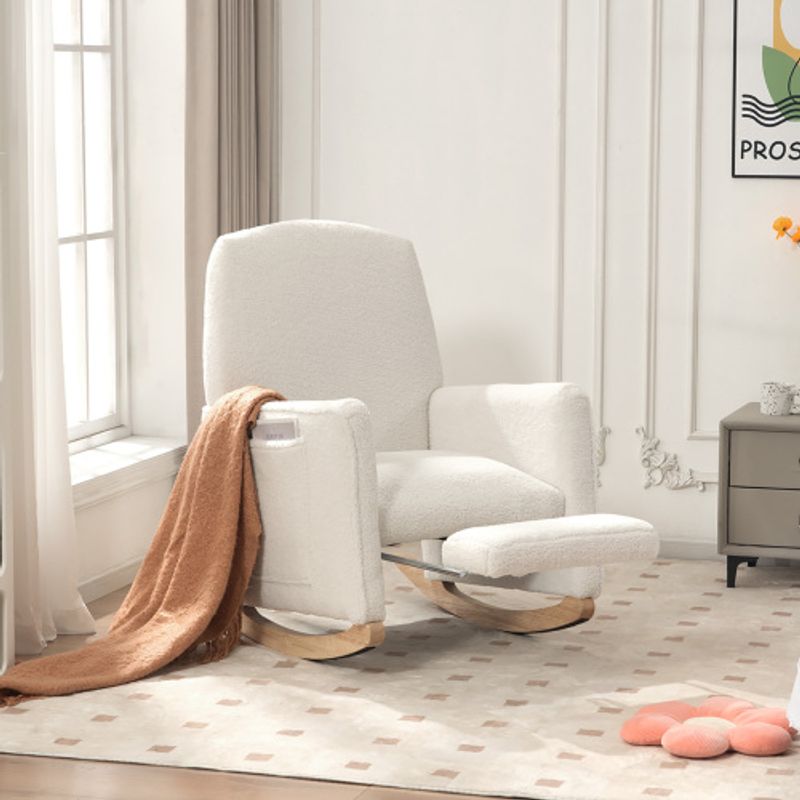 044 Schaukelstuhl Mit Hocker, Relaxsessel Mit Ottomane, Schaukelstuhl Für Den Innenbereich Mit Hoher Rückenlehne Für Das Wohnzimmer, Weißer Teddy-Stoff_voghion.com