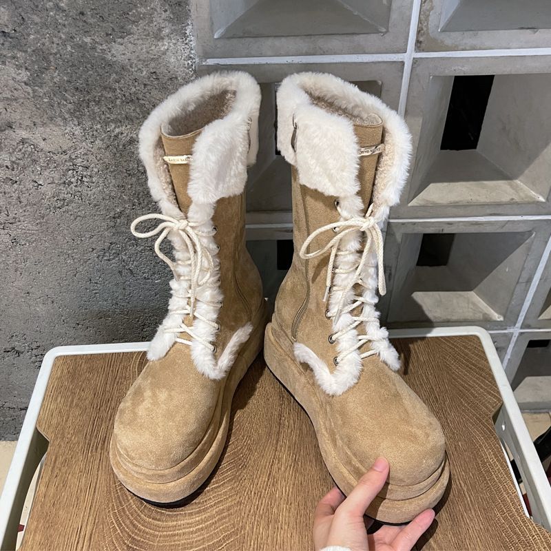 Winter Neue Retro Dicken Sohlen Plus Samt Ritter Stiefel Warme Mitte Rohr Martin Spitze Up Stiefel Pelz Schnee Stiefel Frauen_voghion.com