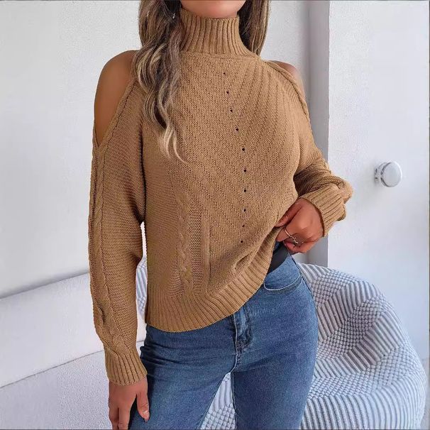 Autumn And Winter Casual Off-shoulder High-neck Hollow-out Long-sleeved Knitted Pullover Sweater Women's Clothing_voghion.com