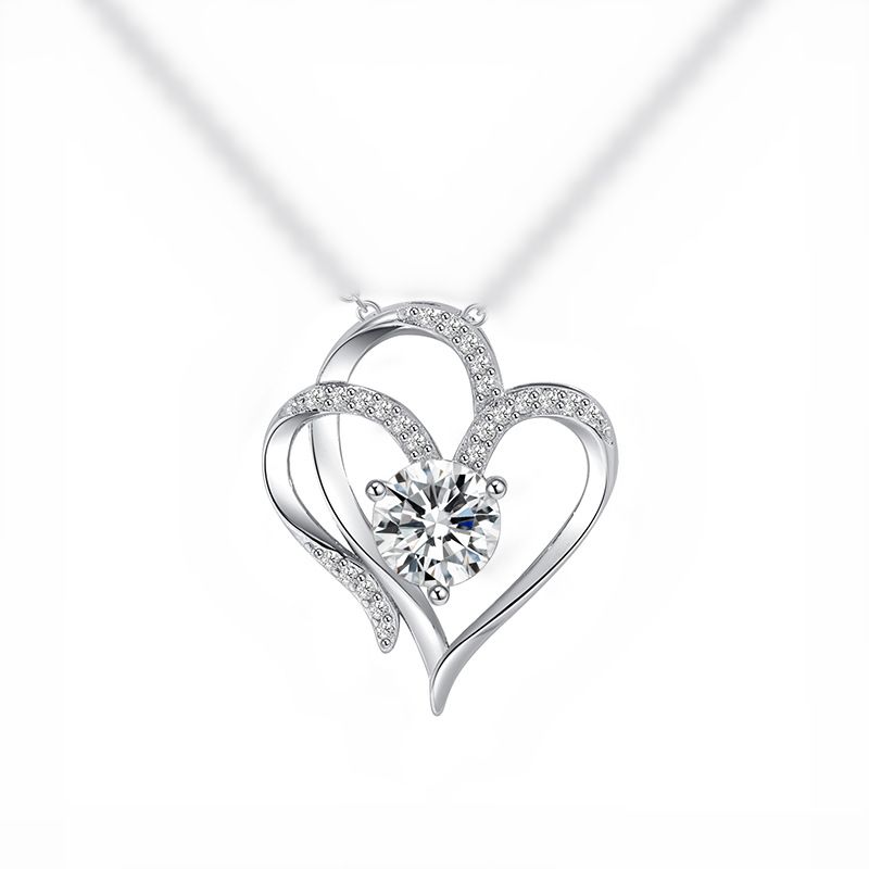 Platinum Double Pendant Decorated With Female To Heart, And Elegant Temperament, High Sense, Zircon Heart Necklace_voghion.com