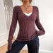 Women's Slim Fit V-Neck Knit Sweater - Ribbed Long Sleeve Pullover For Fall & Winter, Solid Color Elegant Casual Wear_voghion.com