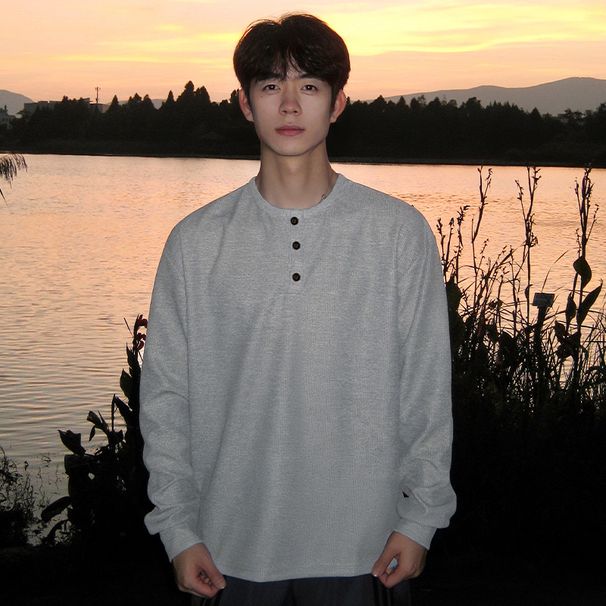 New gray long sleeved Henry collar T-shirt for boys to wear in winter, with a waffle sweater and a base layer underneath_voghion.com