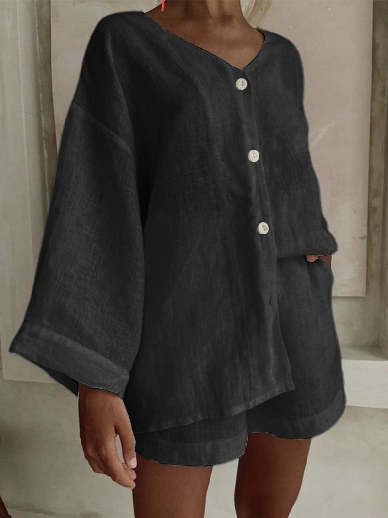 [Coton et lin] Vêtements pour femmes Été Nouvelle mode féminine Chemise Shorts Costume décontracté_voghion.com