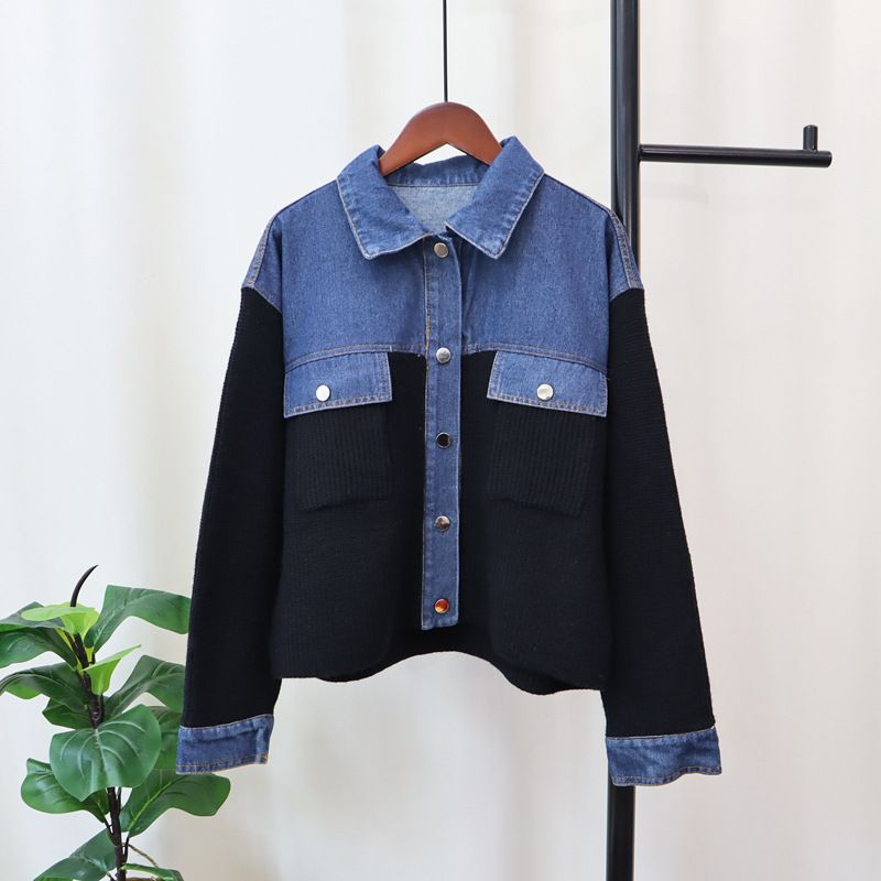 Damenbekleidung neue Patchwork-Denim-Strickjacke, kurze, lockere Pulloverjacke mit vielseitigem Design_voghion.com