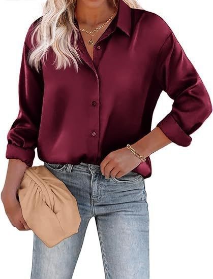 Elegante satijnen blouse voor dames - Losvallend overhemd met lange mouwen en knoopjes, veelzijdige kantoor- en vrijetijdskleding, onmisbaar voor de herfst_voghion.com