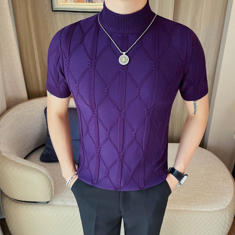 Nouveau produit recommandé : pull tricoté à manches courtes pour homme, simple et polyvalent, motif floral crocheté, pull à col roulé et manches mi-longues pour le printemps et l'été_voghion.com