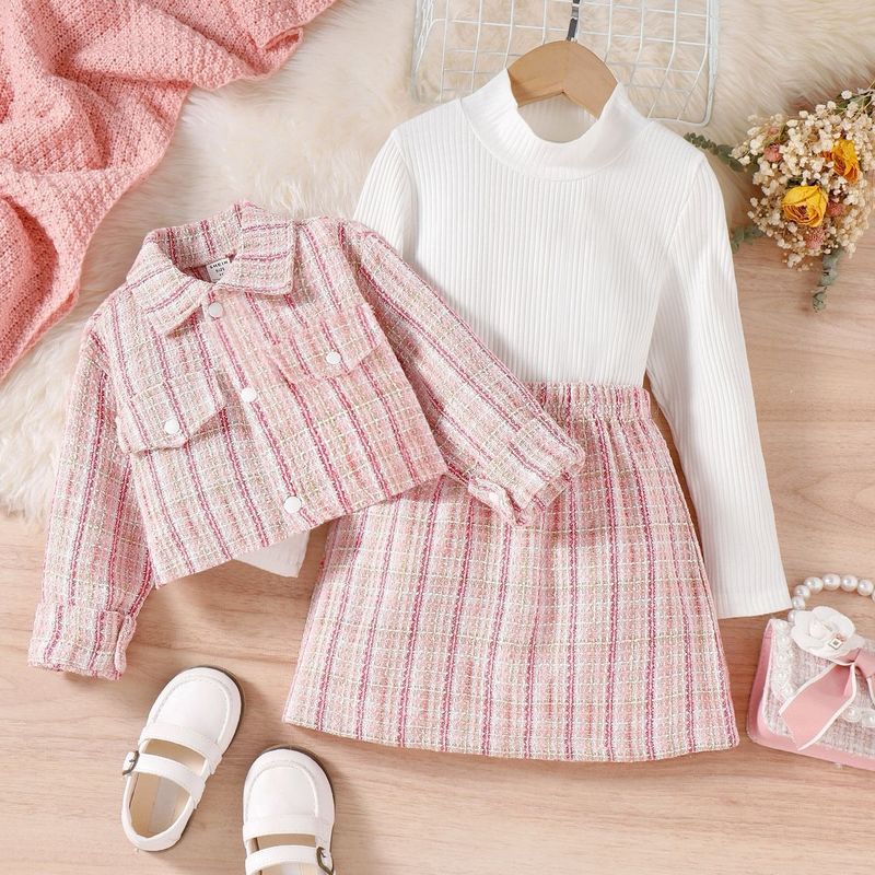 Children's clothing temperament small fragrant wind plaid coat turtleneck bottoms short skirt women's children's suit_voghion.com