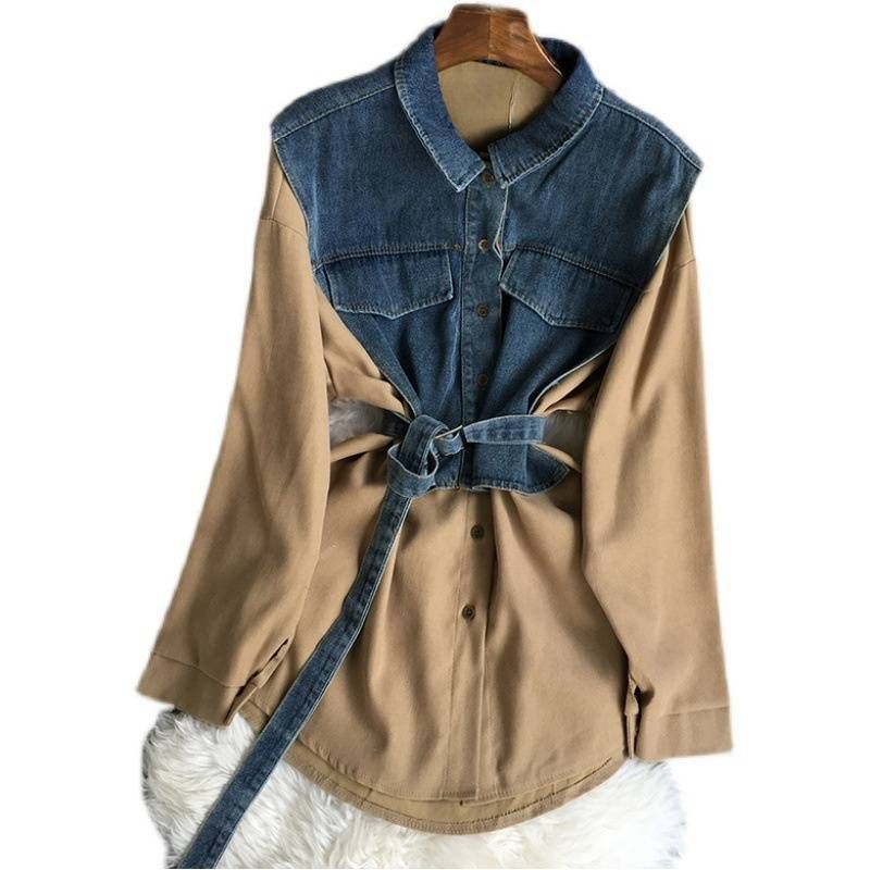 Colete jeans feminino com mangas compridas de cor sólida_voghion.com