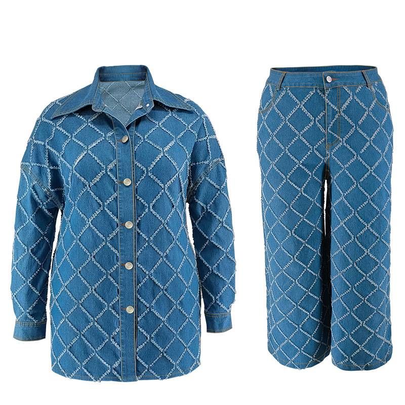 Dámské oblečení, ležérní kostkované rozšířené kalhoty z denimu, seprané_voghion.com