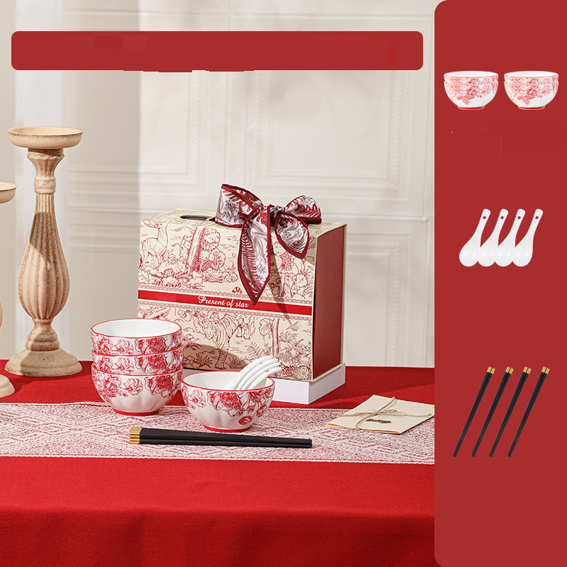 Juego de vajilla de cerámica estilo chino para inauguración de la casa, para recién casados, juego de cuenco y plato, caja de regalo para bodas_voghion.com