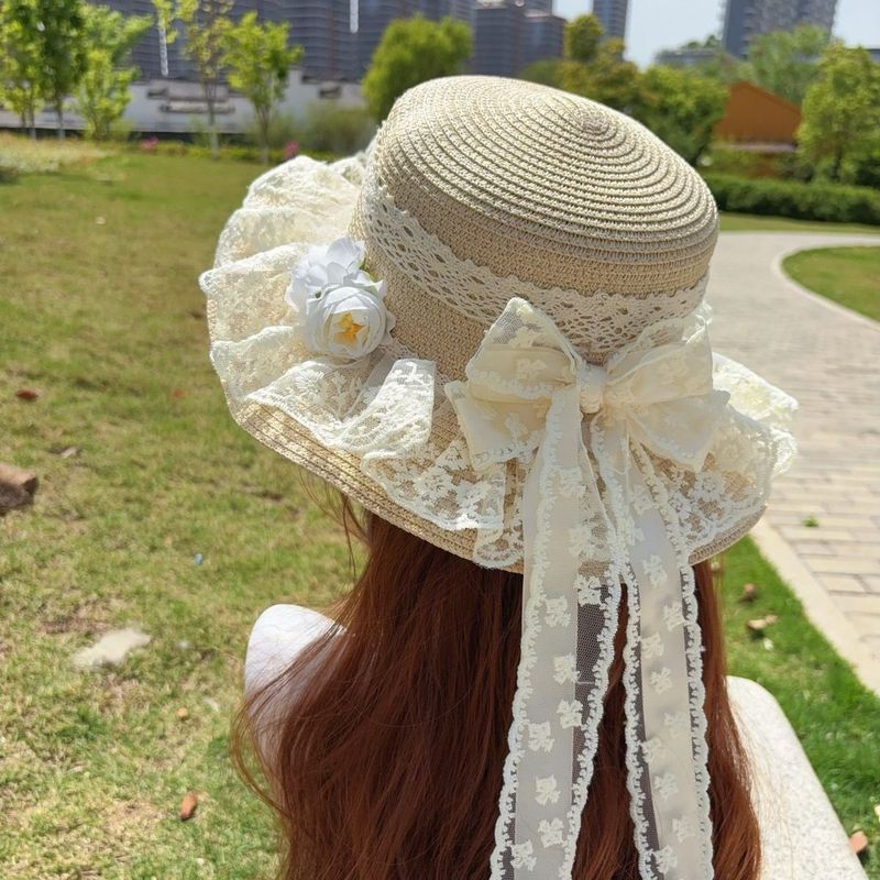 Sombrero de paja de verano con lazo, parasol, sombrero de playa con ala ancha_voghion.com