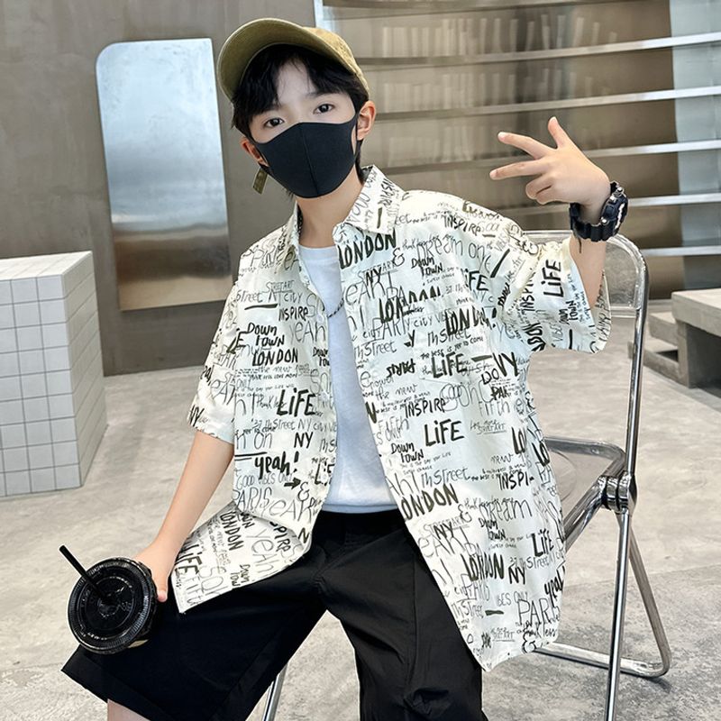 Boys' Graphic Print Short Sleeve Shirt – Soft Polyester, Black & White Casual Tee For Teens (120-170cm)"​_voghion.com