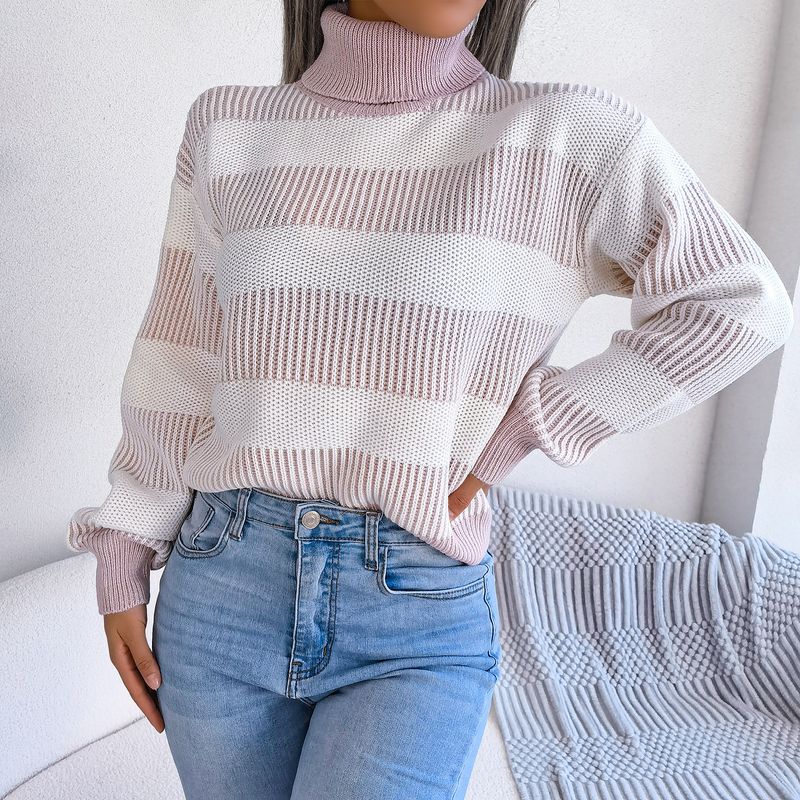 Winter Sweater Womens Street Style Contrast Stripe Long Sleeve Knitted Sweater_voghion.com