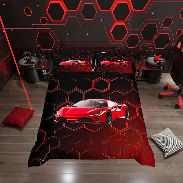 Red Race Car Duvet Cover Set Double Size For Kids Boys Teens Bedroom Geometric Honeycomb Bedding Set Hexagonal Speed Sports Car Comforter Cover With_voghion.com