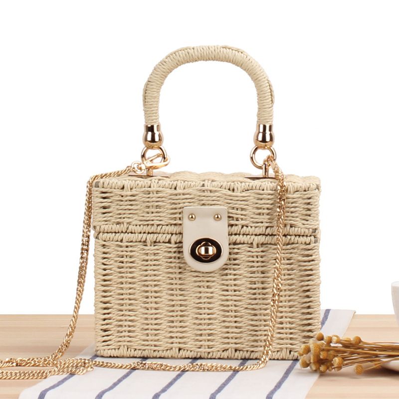 Sacs pour femmes Dropshipping Nouveau style Petit style Une épaule Portant à la main Double usage Loisirs Sac tissé Petit sac de plage tissé en papier boîte carrée_voghion.com