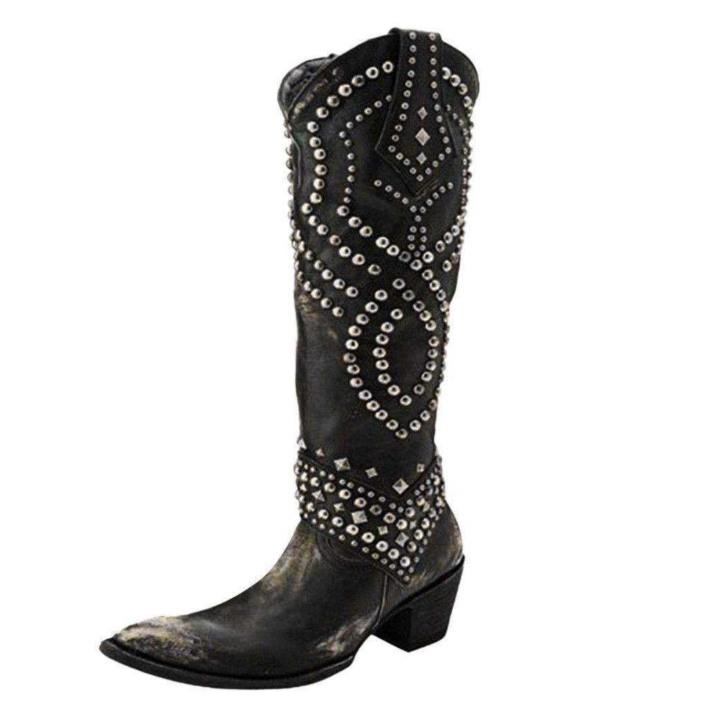 Women's boots rivet long boots thick heel medium heel 40 43 large size rivet high boots boots_voghion.com