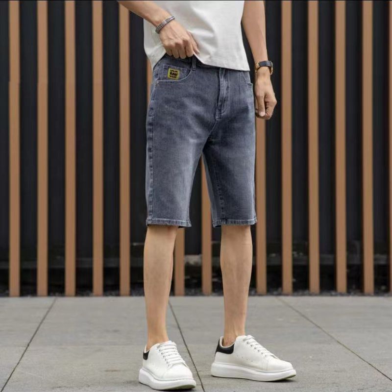 Trendy brand denim shorts for men's 2024 summer slim fit loose straight leg versatile workwear horse casual elastic_voghion.com