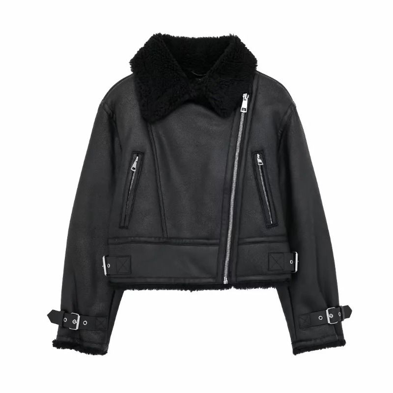 Jachetă de iarnă vintage la modă, haine elegante, haine exterioare din blană artificială din piele, caldă, lungă, pentru femei, buzunare cu fermoar, decorare_voghion.com