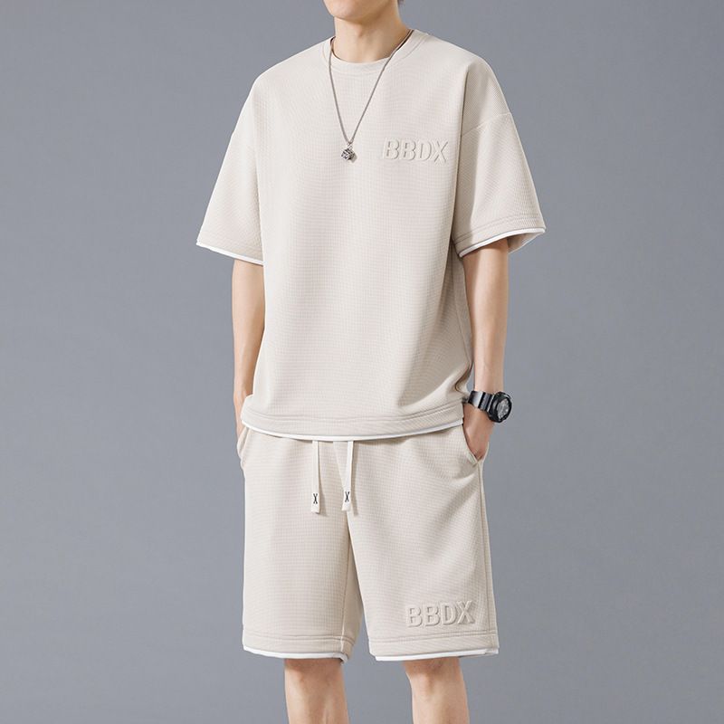 Men's Clothing Summer Sports Suits Large Size Men's Summer Style All Match Waffle Short Sleeved Shorts Two Piece Suit_voghion.com