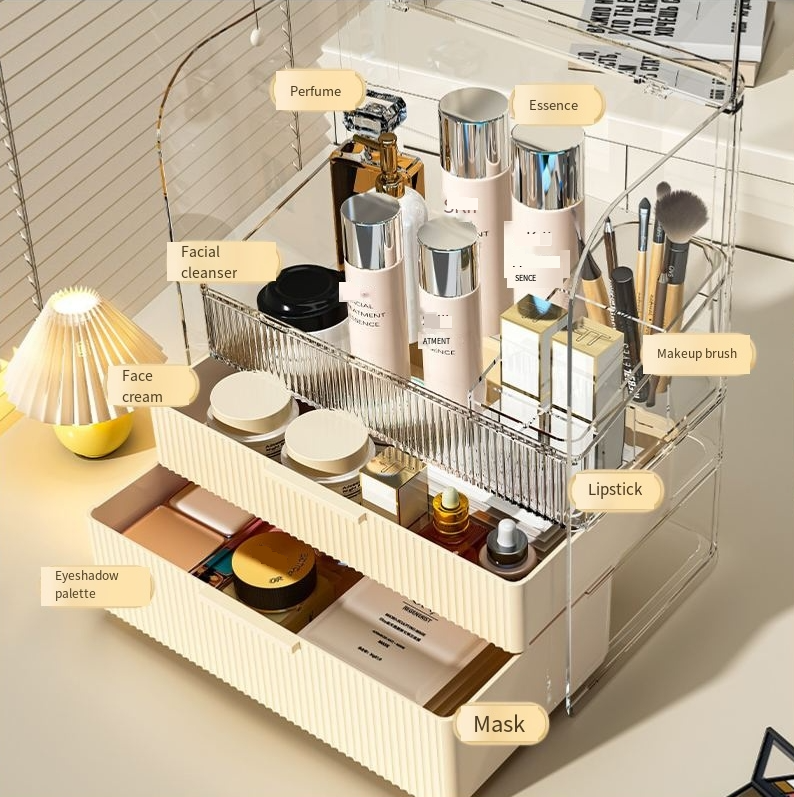 Desktop Drawer Style Cosmetics Storage Box Multi Layer High Grade Cream Style Lipstick Mask Lotion Dustproof Storage Basket_voghion.com