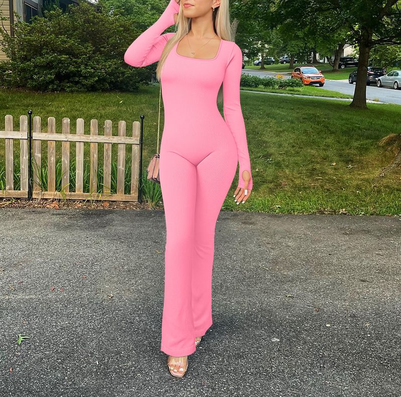 Women's Clothing One Piece Flared Trousers Fitness Clothes Square Collar Long Sleeve Yoga Jumpsuit Women_voghion.com