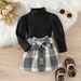 Abbigliamento per bambini Ragazze collo alto in cotone pit strip manica lunga top moda plaid + tailleur gonna stampata_voghion.com