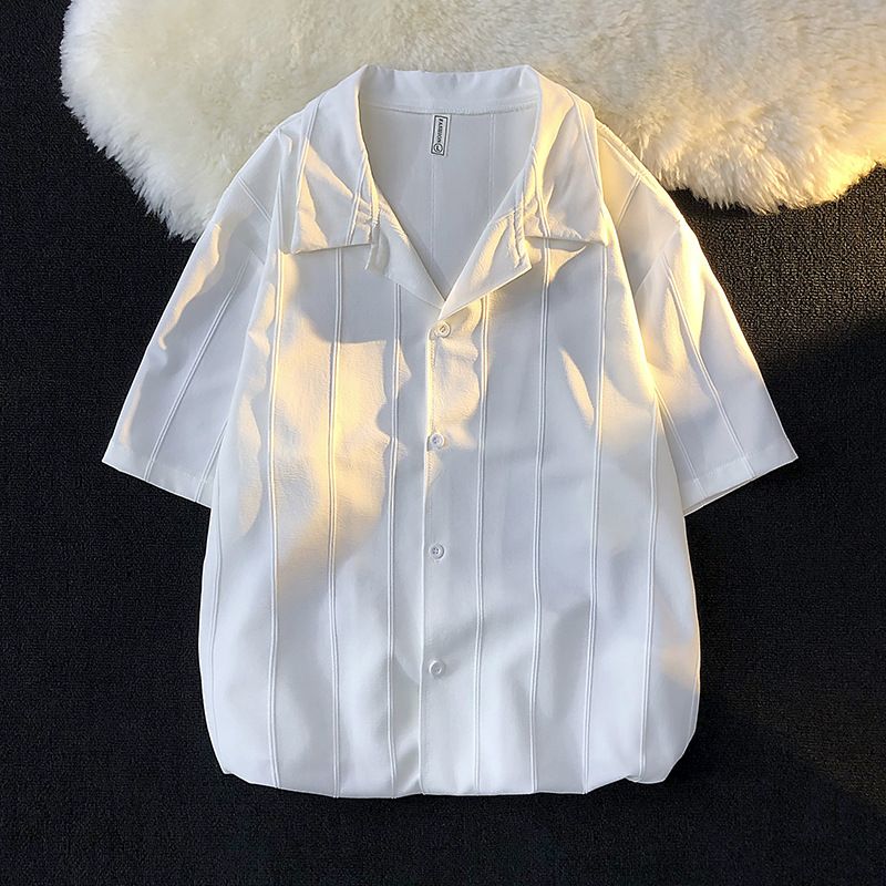 Herrenbekleidung Kurzarm Weiß Sommer Trendy Marke Gestreift Dünn Locker Lässig Drapiert Eis Seide Hemd_voghion.com