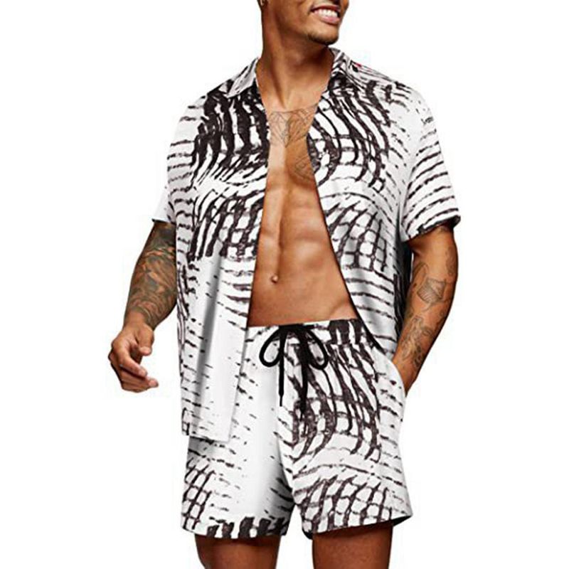 Lockerer zweiteiliger Anzug für Herren, Blumendruck, lässiges Shorts-Shirt, Hawaii-Anzug_voghion.com