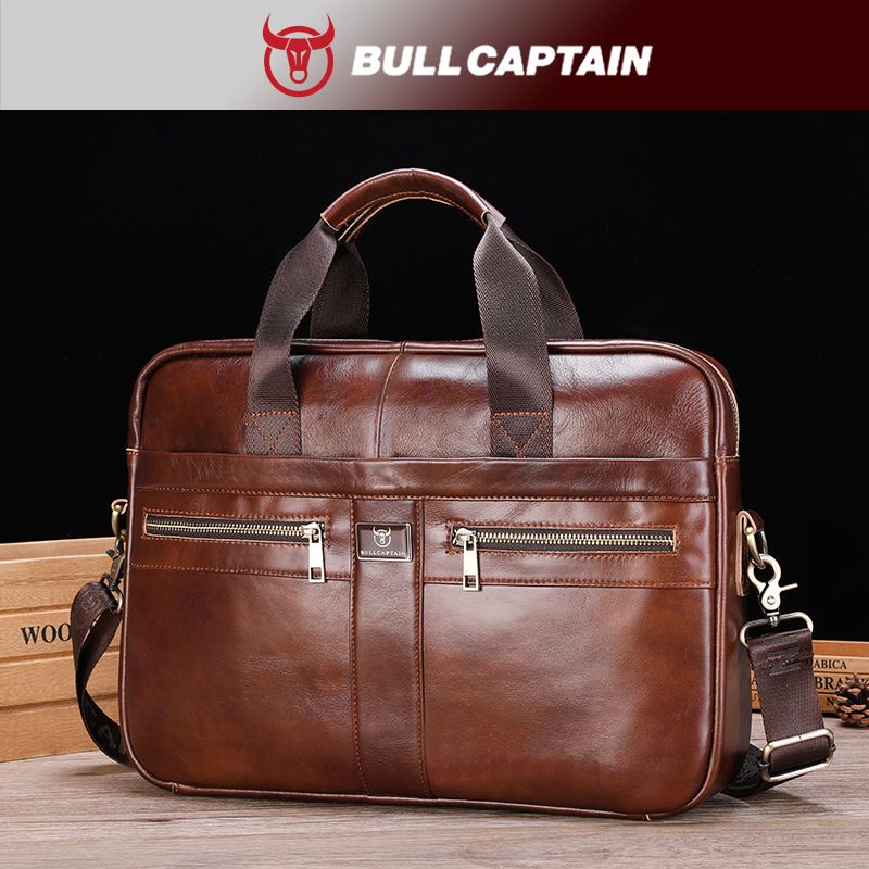 Porte-documents en cuir pour ordinateur portable Captain Niu, couche supérieure en cuir de vache, bandoulière unique, porte-documents d'affaires rétro à la mode_voghion.com