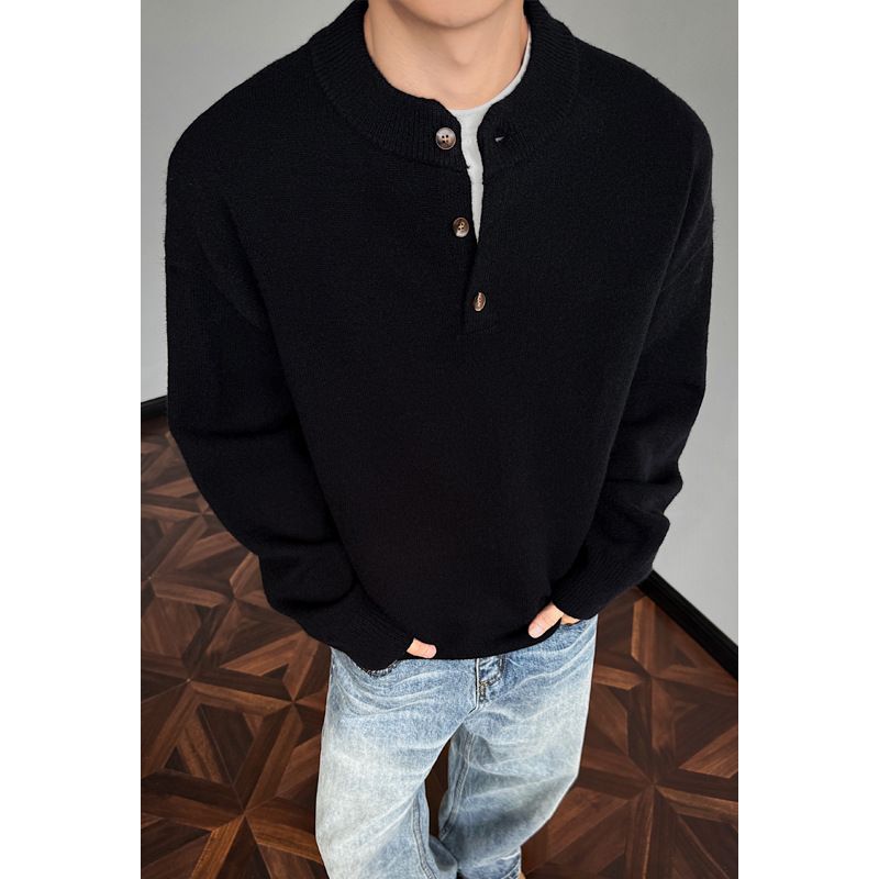 Grobstrickpullover für Herren mit Henry-Ausschnitt – Übergroßer Freizeitpullover für Teenager und junge Erwachsene, weiche Acrylmischung, Schwarz und Grau meliert​_voghion.com