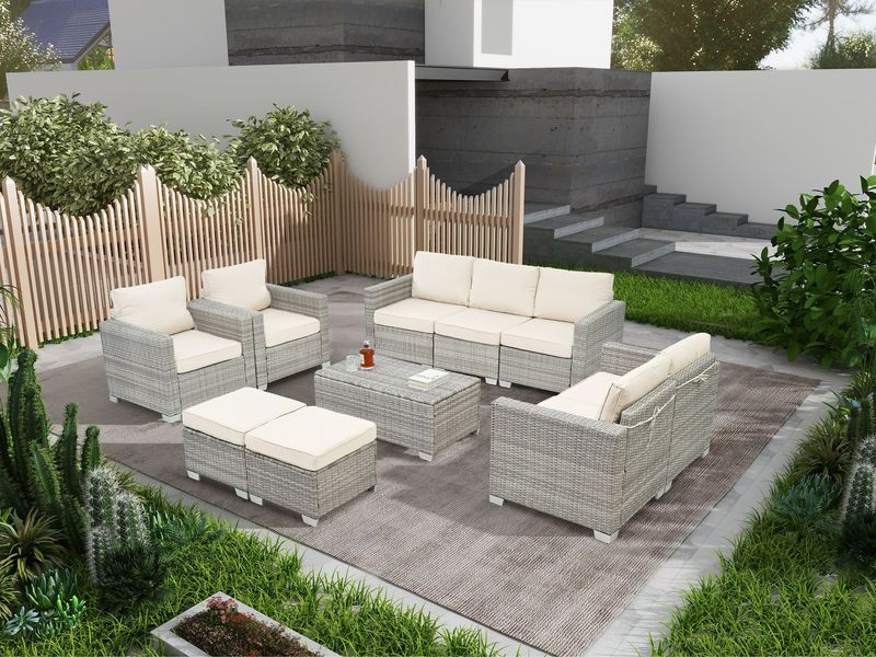 10 Piece PE Rattan Patio Furniture Set, Sectional Sofa Set, Outdoor Patio Furniture Set With Cushions & Tempered Glass Coffee Table_voghion.com