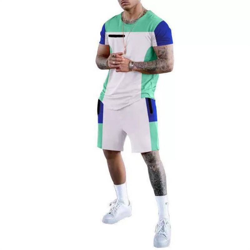 Sommer 2025 Herren Sport Kurzarm T-Shirt Rundhals Freizeitkleidung Farbkontrast Herrenanzug Sommer Zweiteiliges Set_voghion.com