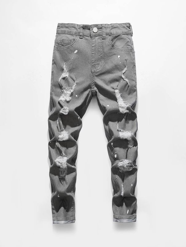 Boys' Grey Elastic Paint-shaping Hole Tights With Curled Hems, Fashionable, Casual, Simple And Versatile, Suitable For Daily Outings, College Casual,_voghion.com