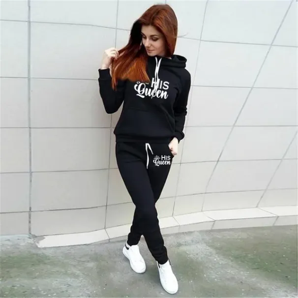 Damen Kapuzenpullover, Hemd, Hose, Pullover, Queen-Print, Jogginghose, Jogging-Sweatshirt, 2-teiliges Set_voghion.com