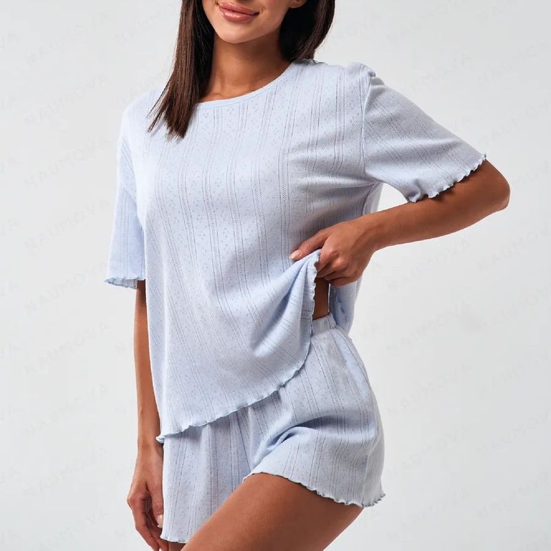 Pigiami da donna comodi pantaloncini con orlo imbottito in cotone e mezze maniche_voghion.com