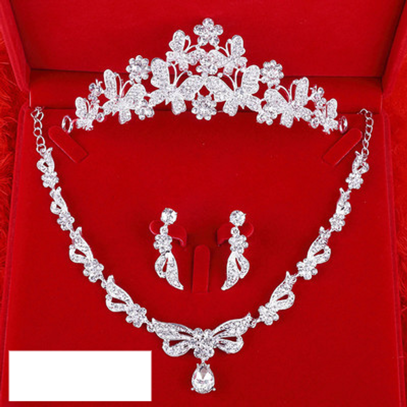 Bruids tiara driedelige set Koreaanse bruiloft ketting oorbellen kroon haaraccessoires trouwjurk accessoires nieuwe bruiloft sieraden_voghion.com