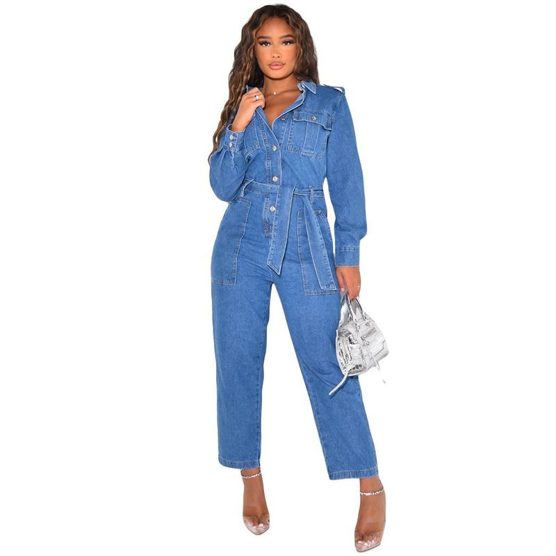 Women's Clothing fashion casual sexy pocket denim jumpsuit belt pants wide leg pants_voghion.com