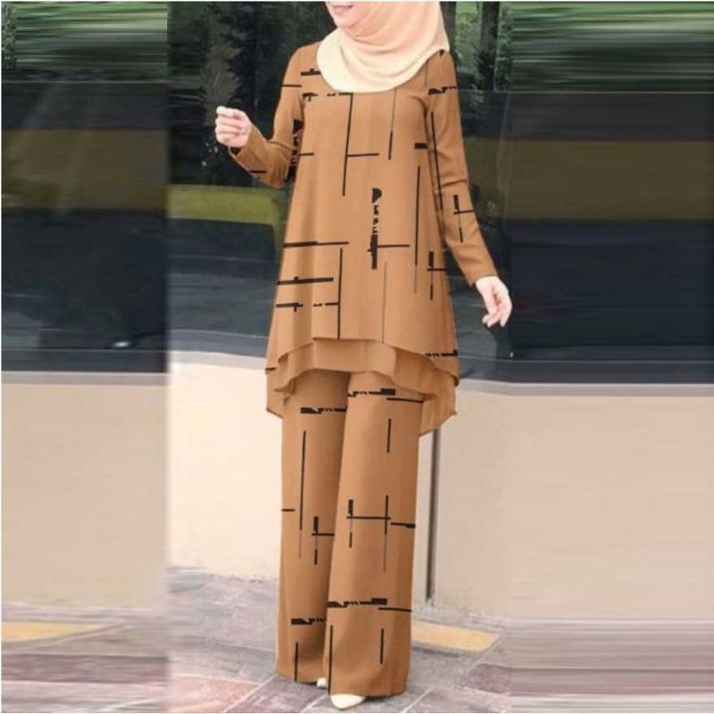 Muslim Daily Double-layer Vertical Stripe Printed Chiffon Elastic Waist Suit_voghion.com